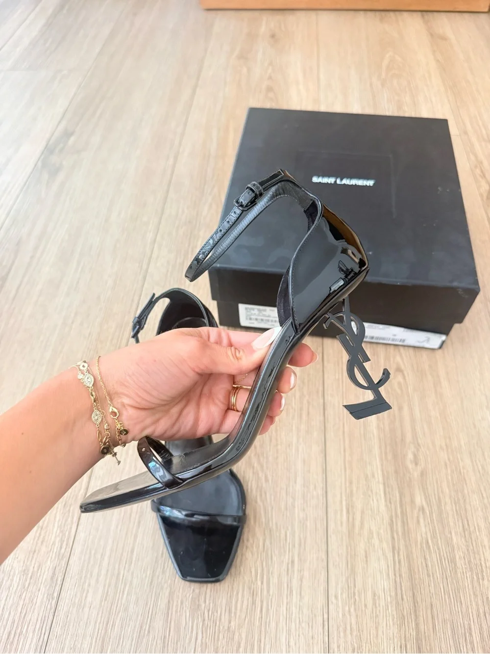 Saint Laurent Black Patent Leather Ankle-Strap Sandals with Logo Heel - Picture 3 of 4